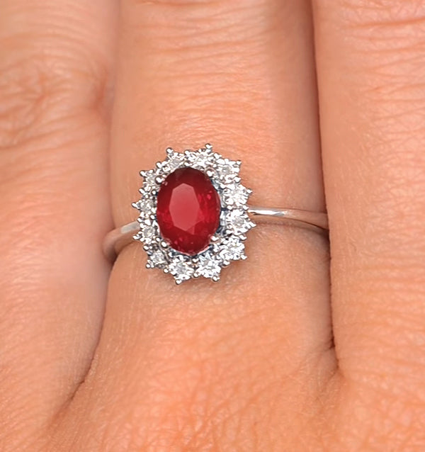 Ruby Ring With Lab Diamond Halo 7 x 5mm Set in 925 Silver